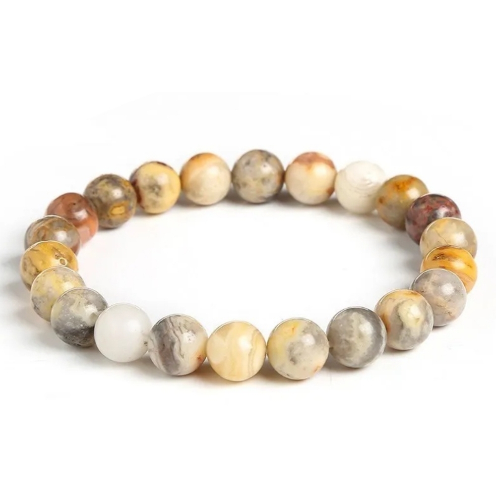 8mm Natural Stone Yellow Crazy Lace Agates Round Beads Bracelet